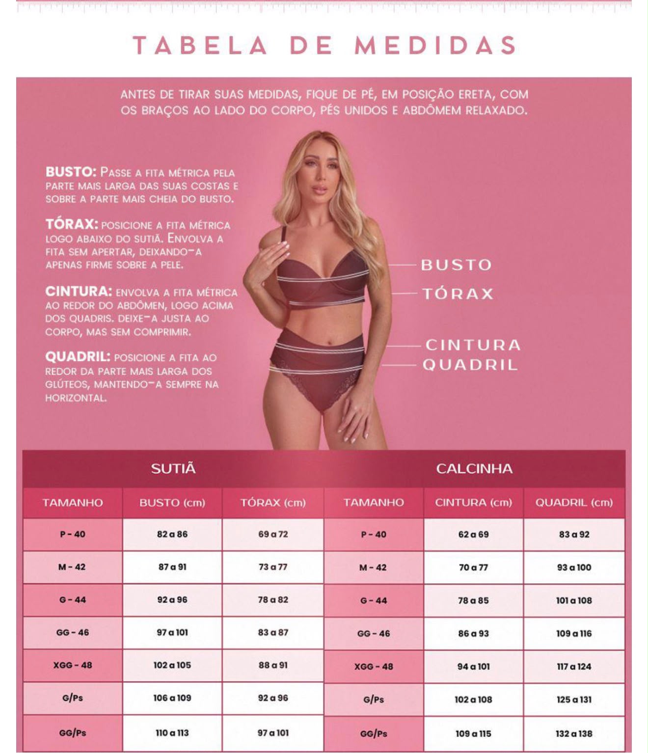 Tabela de medidas de sutiã e calcinha Treviso Lingerie